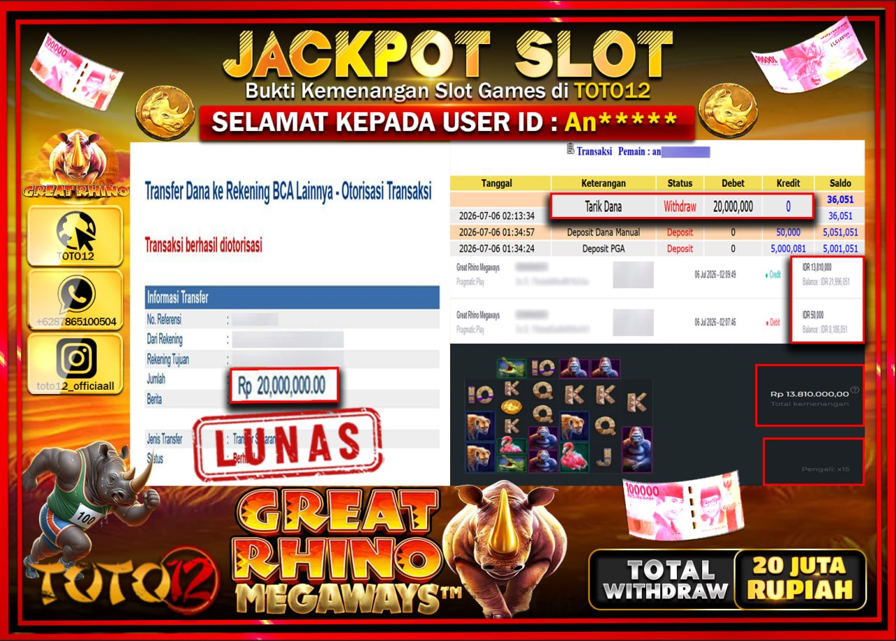 HANYA DI TOTO12 JP PASTI DI BAYAR LUNAS DAN CEPAT!!!!!! JACKPOT SLOT GAME (GREAT RHINO MEGAWAYS) Rp20.000.000!!!!