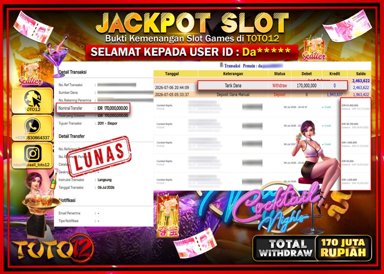 HANYA DI TOTO12 JP PASTI DI BAYAR LUNAS DAN CEPAT!!!!!! JACKPOT SLOT GAME (COCKTAIL NIGHTS) Rp170.000.000!!!!