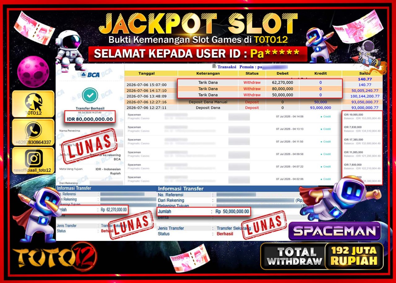 HANYA DI TOTO12 JP PASTI DI BAYAR LUNAS DAN CEPAT!!!!!! JACKPOT SLOT GAME (SPACEMAN) Rp192.270.000!!!!