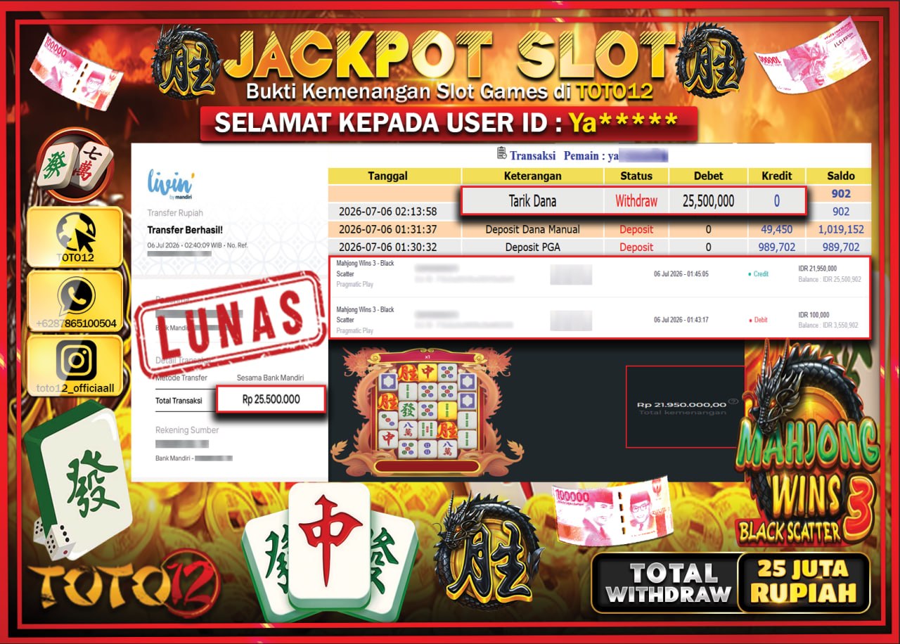 HANYA DI TOTO12 JP PASTI DI BAYAR LUNAS DAN CEPAT!!!!!! JACKPOT SLOT GAME (MAHJONG WINS 3 BLACK SCATTER) Rp25.500.000!!!!
