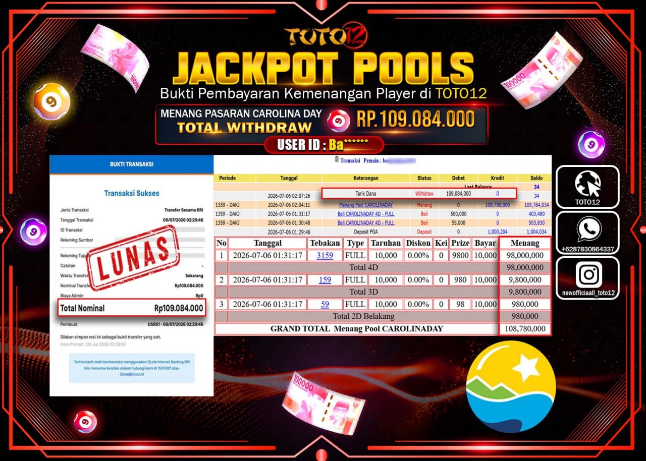 HANYA DI TOTO12 JP PASTI DI BAYAR LUNAS DAN CEPAT!!!!!! JACKPOT POOLS PASARAN (CAROLINA DAY) Rp109.084.000!!!!