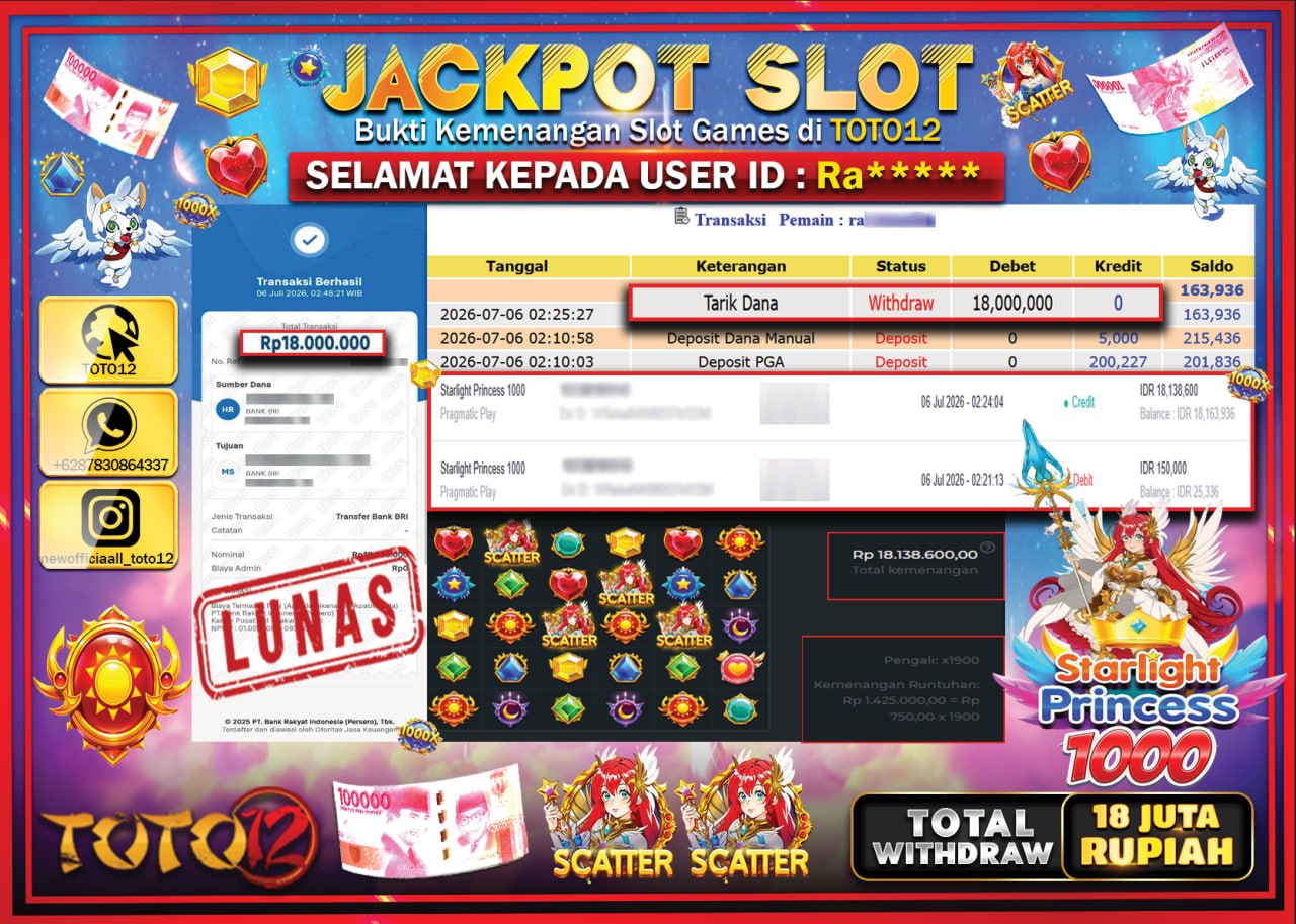 HANYA DI TOTO12 JP PASTI DI BAYAR LUNAS DAN CEPAT!!!!!! JACKPOT SLOT GAME (STARLIGHT PRINCESS 1000) Rp18.000.000!!!!