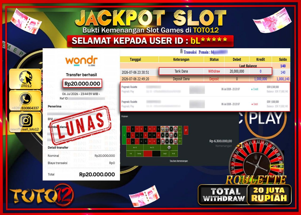 HANYA DI TOTO12 JP PASTI DI BAYAR LUNAS DAN CEPAT!!!!!! JACKPOT SLOT GAME (PRAGMATICK ROULETTE) Rp20.000.000!!!!