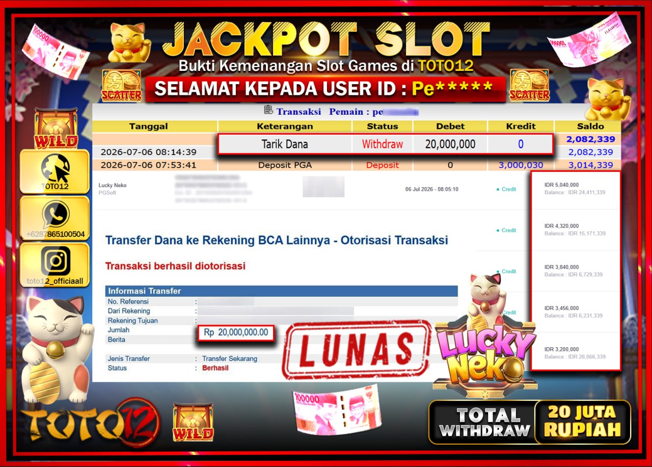 HANYA DI TOTO12 JP PASTI DI BAYAR LUNAS DAN CEPAT!!!!!! JACKPOT SLOT GAME (LUCKY NEKO) Rp20.000.000!!!!