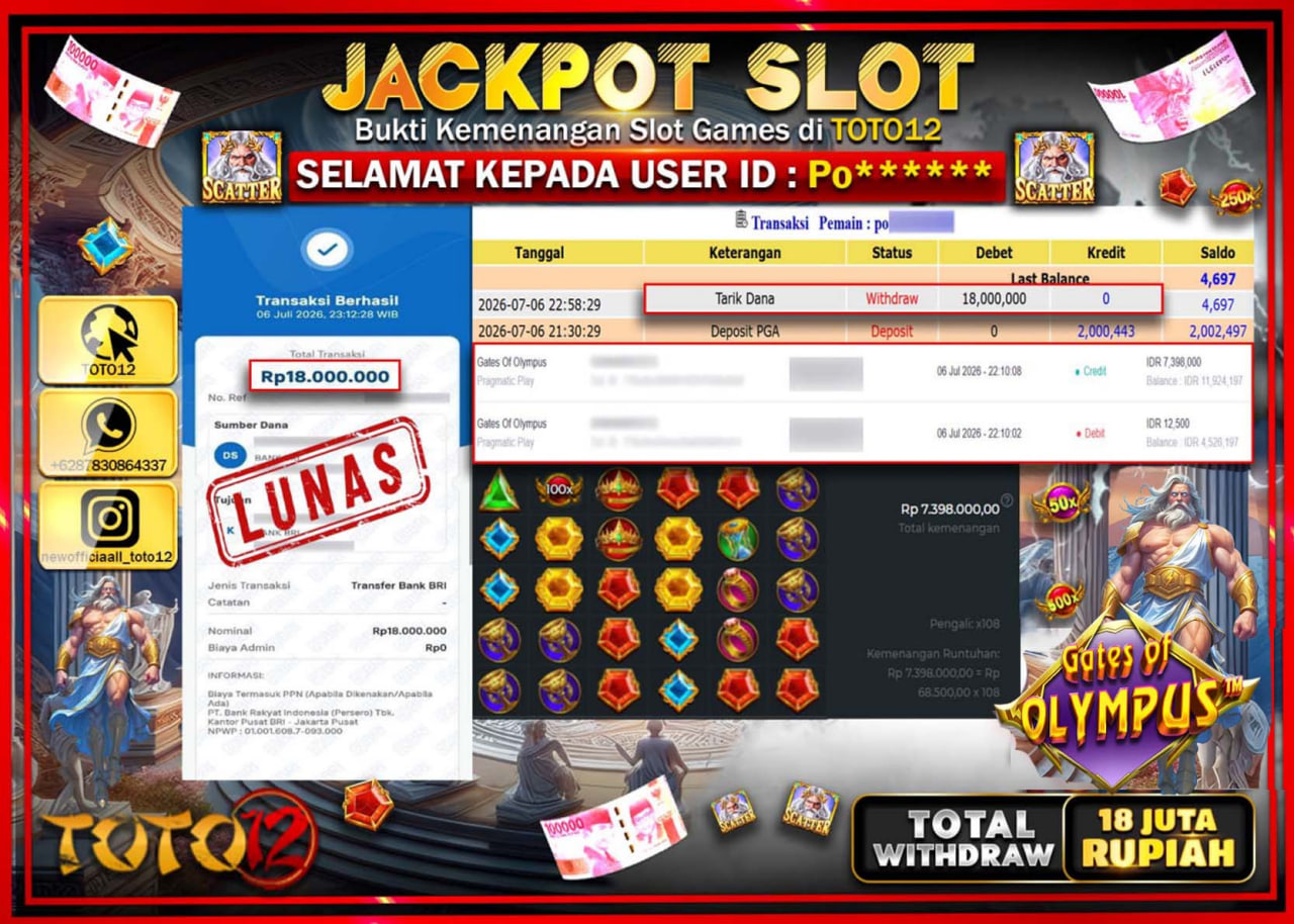 HANYA DI TOTO12 JP PASTI DI BAYAR LUNAS DAN CEPAT!!!!!! JACKPOT SLOT GAME (GATES OF OLYMPUS 1000) Rp18.000.000!!!!