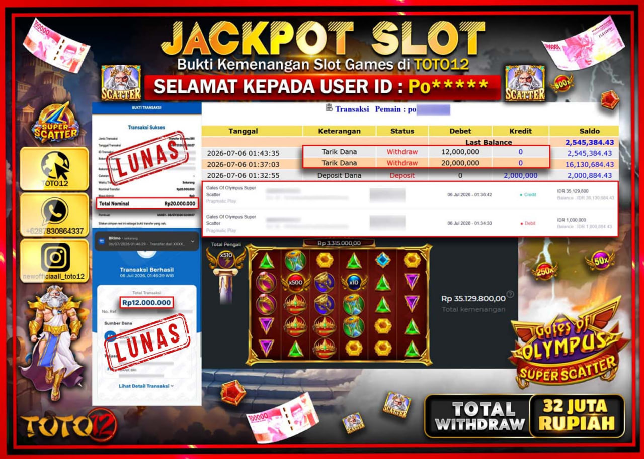 HANYA DI TOTO12 JP PASTI DI BAYAR LUNAS DAN CEPAT!!!!!! JACKPOT SLOT GAME (GATES OF OLYMPUS SUPER SCATTER) Rp32.000.000!!!!