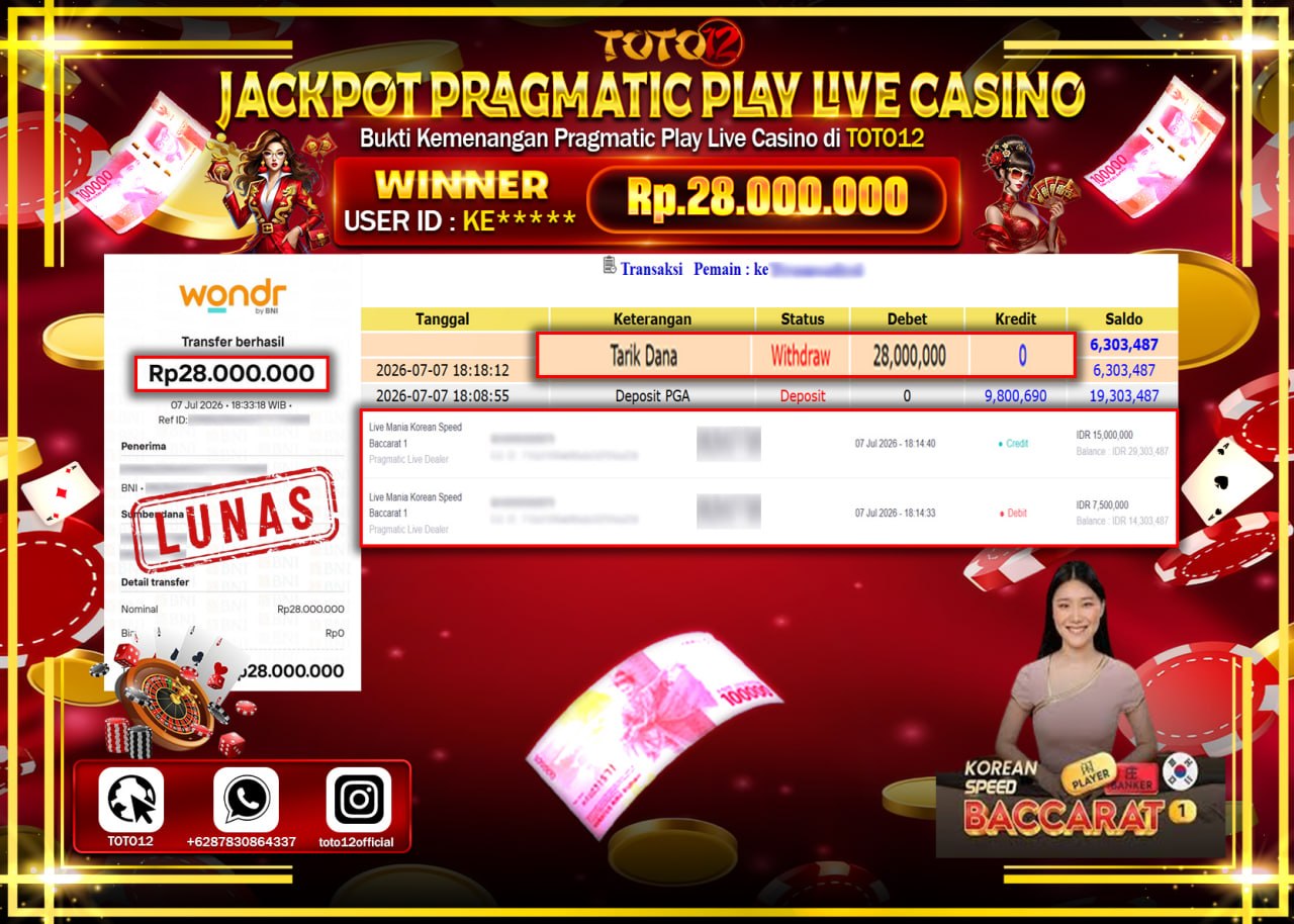 HANYA DI TOTO12 JP PASTI DI BAYAR LUNAS DAN CEPAT!!!!!! JACKPOT PRAGMATIC PLAY LIVE GAME CASINO (LIVE MANIA KOREAN SPEED BACCARAT 1) Rp28.000.000!!!!