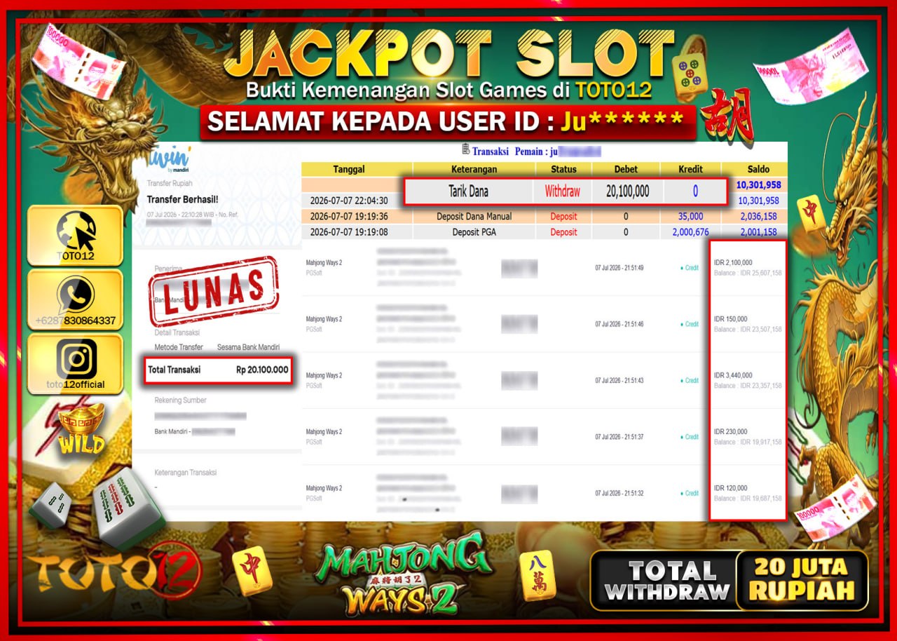 HANYA DI TOTO12 JP PASTI DI BAYAR LUNAS DAN CEPAT!!!!!! JACKPOT SLOT GAME (MAHJONG WAYS 2) Rp20.100.000!!!!