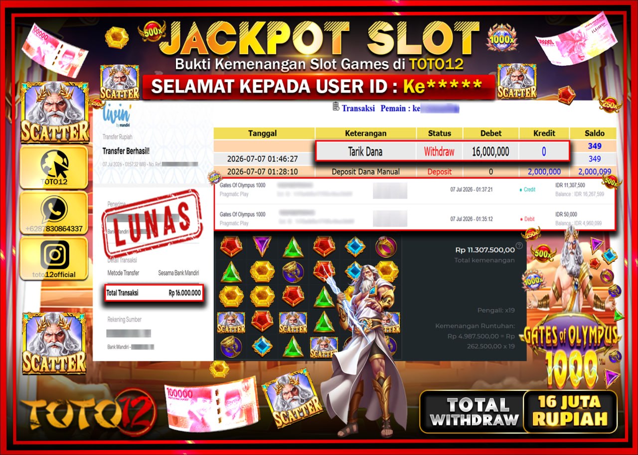 HANYA DI TOTO12 JP PASTI DI BAYAR LUNAS DAN CEPAT!!!!!! JACKPOT SLOT GAME (GATES OF OLYMPUS 1000) Rp16.000.000!!!!