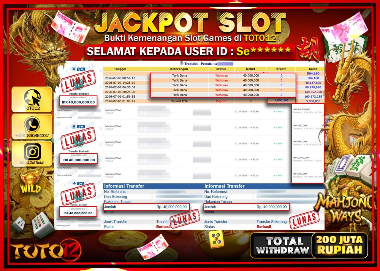 HANYA DI TOTO12 JP PASTI DI BAYAR LUNAS DAN CEPAT!!!!!! JACKPOT SLOT GAME (MAHJONG WAYS) Rp200.000.000!!!!