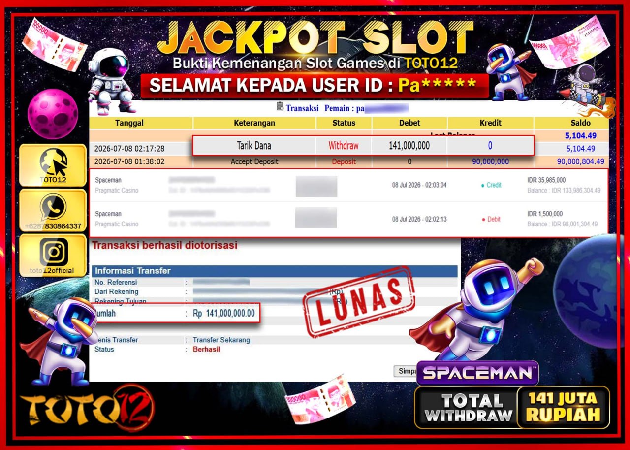 HANYA DI TOTO12 JP PASTI DI BAYAR LUNAS DAN CEPAT!!!!!! JACKPOT SLOT GAME (SPACEMAN) Rp141.000.000!!!!