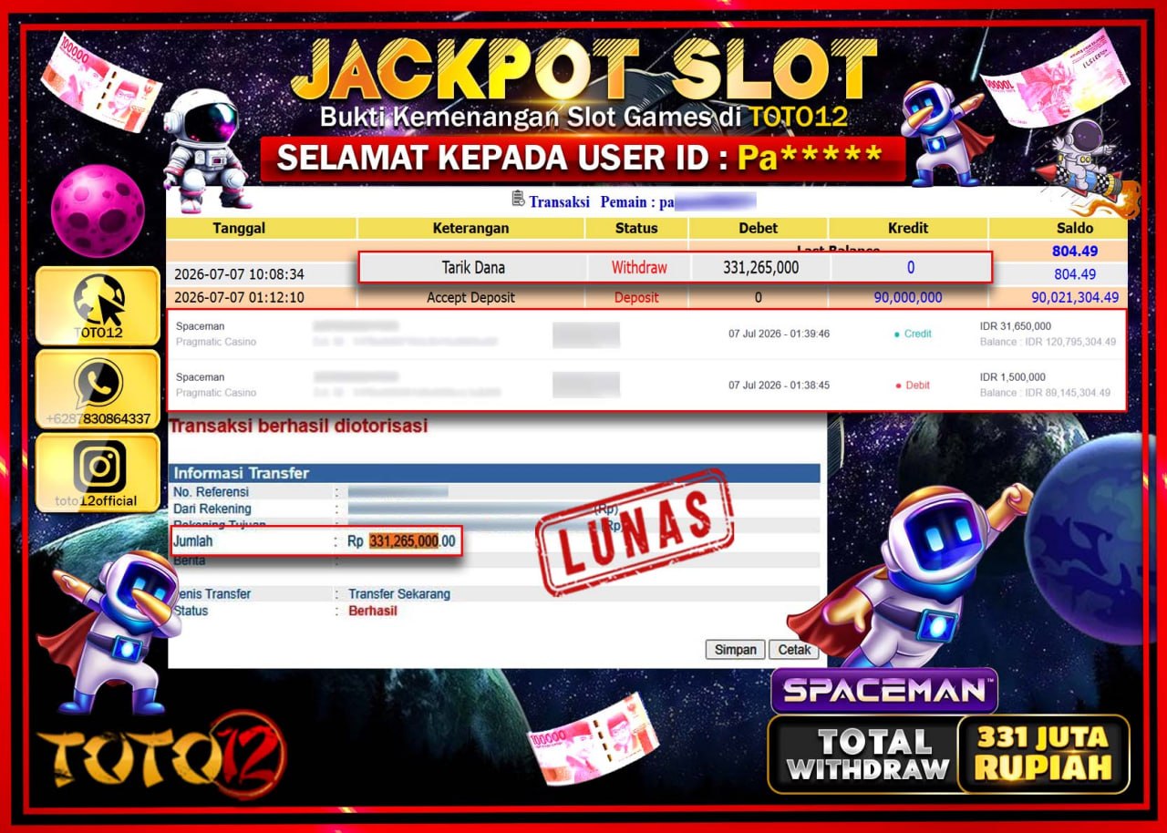 HANYA DI TOTO12 JP PASTI DI BAYAR LUNAS DAN CEPAT!!!!!! JACKPOT SLOT GAME (SPACEMAN) Rp331.265.000!!!!