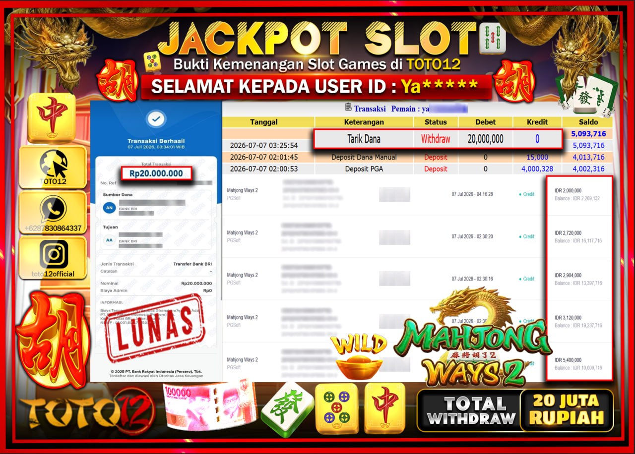 HANYA DI TOTO12 JP PASTI DI BAYAR LUNAS DAN CEPAT!!!!!! JACKPOT SLOT GAME (MAHJONG WAYS 2) Rp20.000.000!!!!