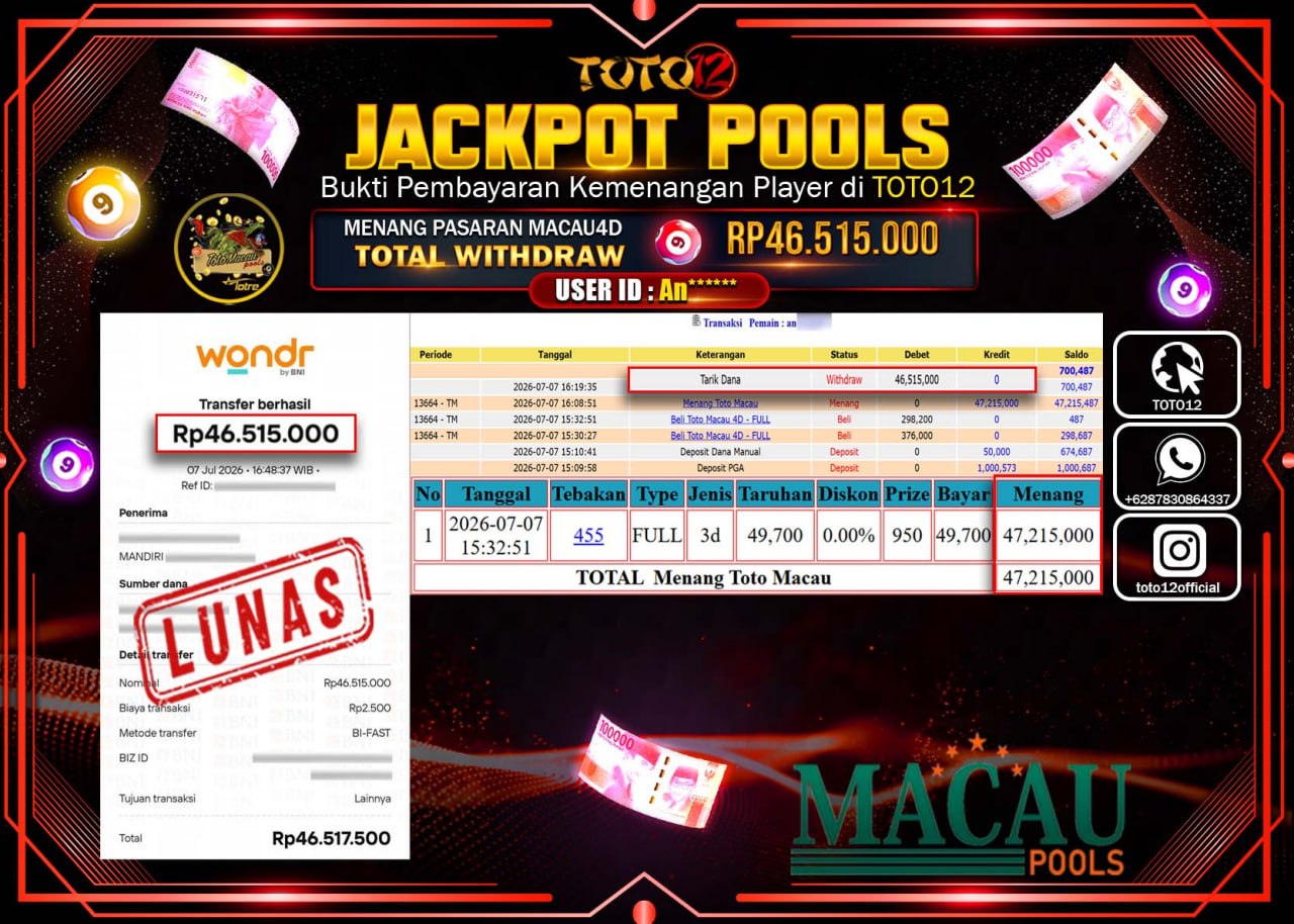 HANYA DI TOTO12 JP PASTI DI BAYAR LUNAS DAN CEPAT!!!!!! JACKPOT POOLS PASARAN (MACAU 4D) Rp46.515.000!!!!