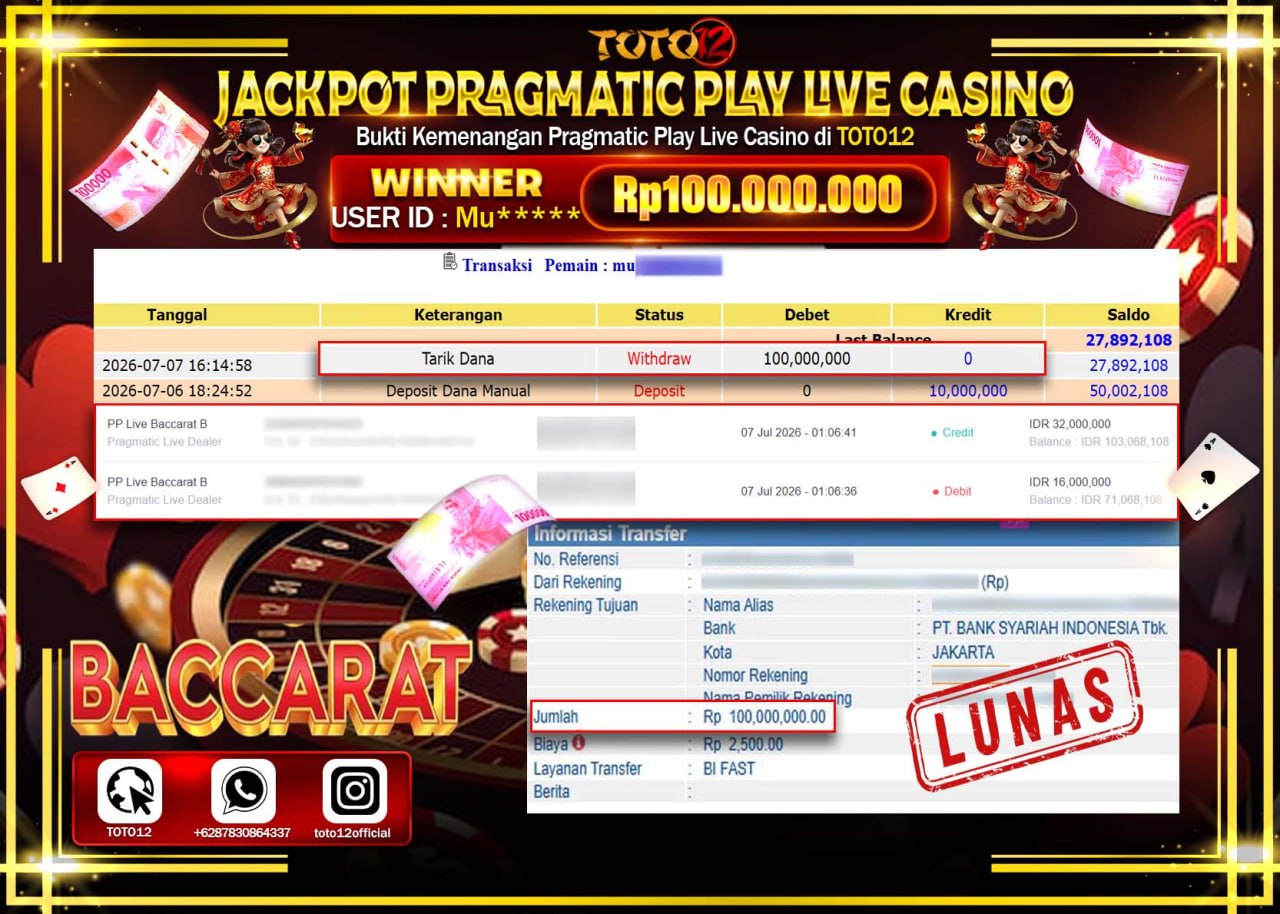 HANYA DI TOTO12 JP PASTI DI BAYAR LUNAS DAN CEPAT!!!!!! JACKPOT PRAGMATIC PLAY LIVE GAME CASINO (PP LIVE BACCARAT B) Rp100.000.000!!!!