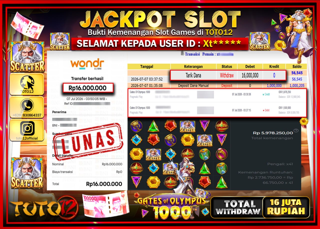 HANYA DI TOTO12 JP PASTI DI BAYAR LUNAS DAN CEPAT!!!!!! JACKPOT SLOT GAME (GATES OF OLYMPUS 1000) Rp16.000.000!!!!