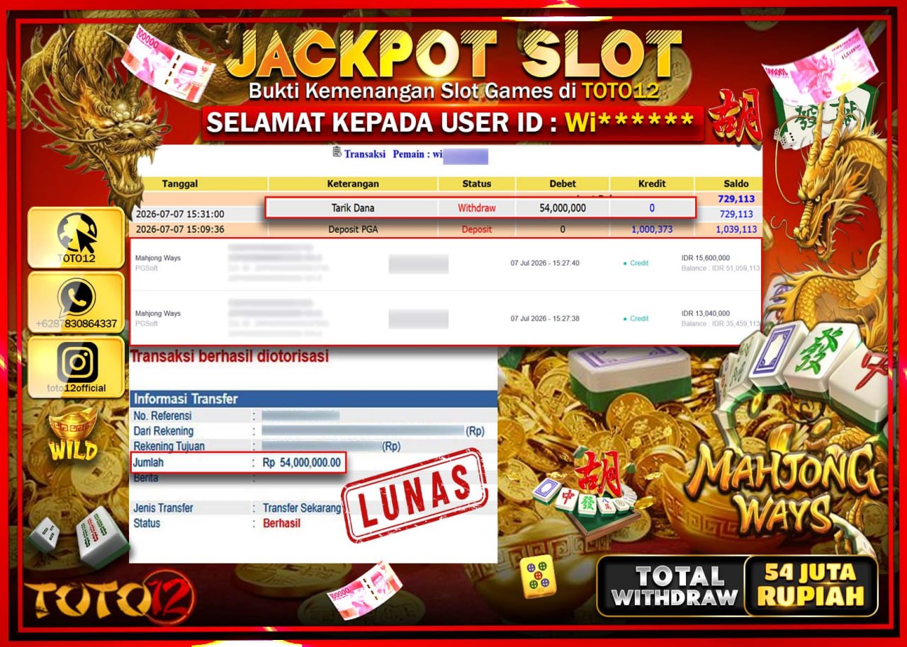 HANYA DI TOTO12 JP PASTI DI BAYAR LUNAS DAN CEPAT!!!!!! JACKPOT SLOT GAME (MAHJONG WAYS) Rp54.000.000!!!!