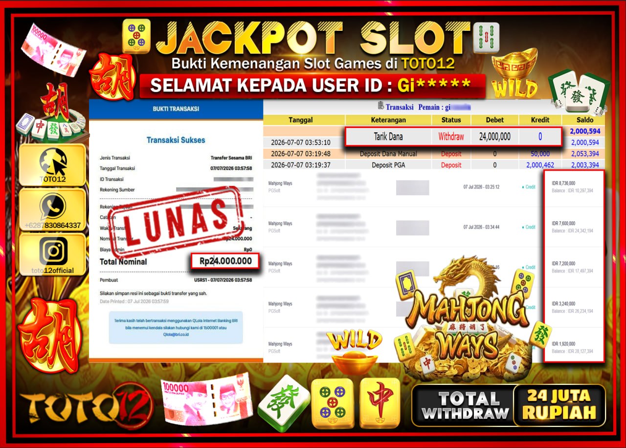 HANYA DI TOTO12 JP PASTI DI BAYAR LUNAS DAN CEPAT!!!!!! JACKPOT SLOT GAME (MAHJONG WAYS) Rp24.000.000!!!!