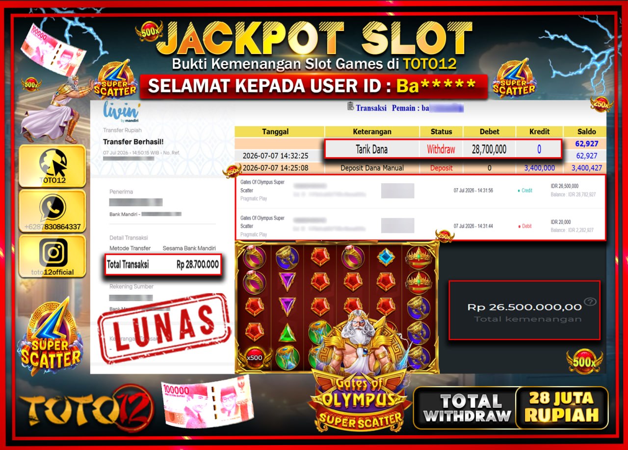 HANYA DI TOTO12 JP PASTI DI BAYAR LUNAS DAN CEPAT!!!!!! JACKPOT SLOT GAME (GATES OF OLYMPUS SUPER SCATTER) Rp28.700.000!!!!