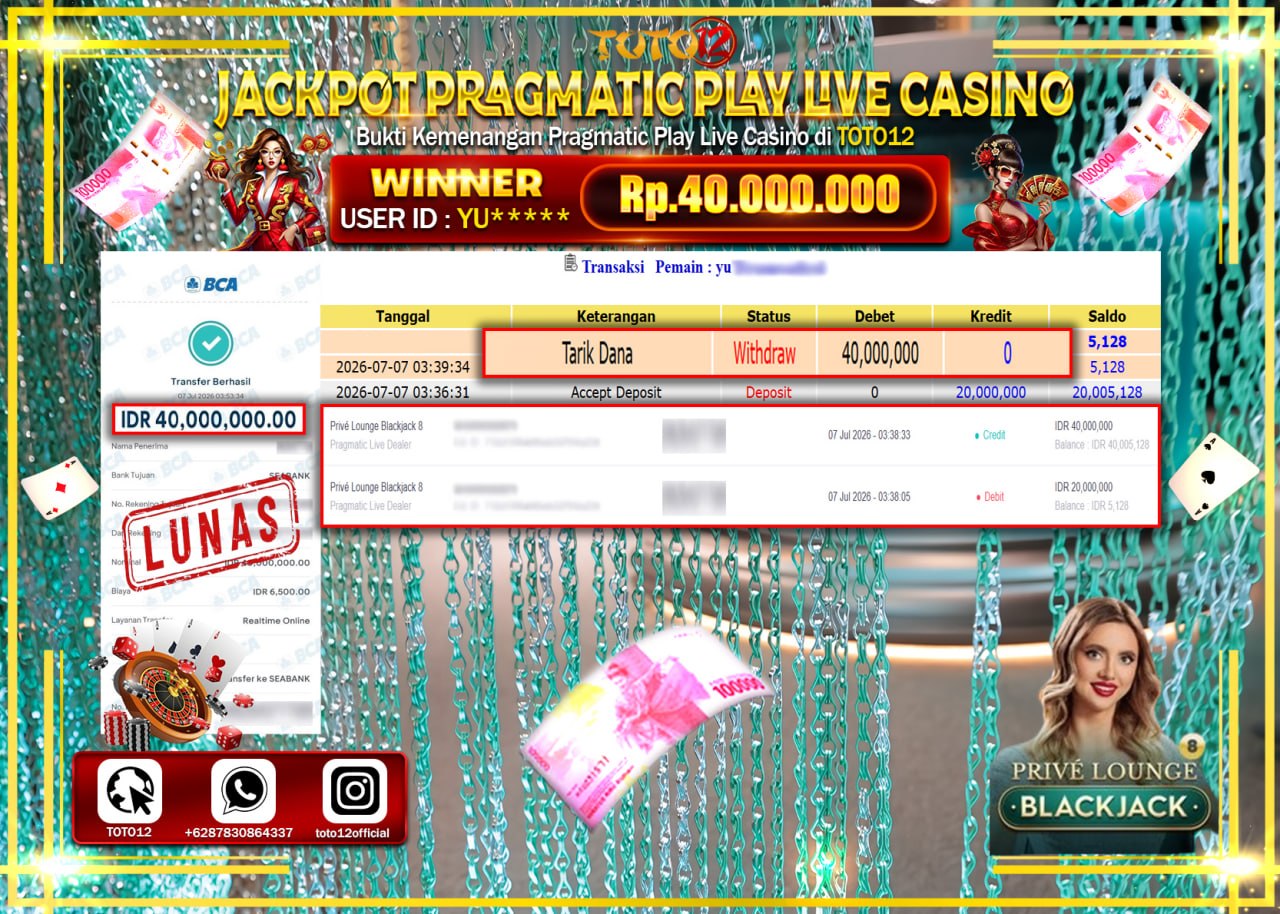 HANYA DI TOTO12 JP PASTI DI BAYAR LUNAS DAN CEPAT!!!!!! JACKPOT PRAGMATIC PLAY LIVE GAME CASINO (PRIVE LOUNGE BLACKJACK 8) Rp40.000.000!!!!
