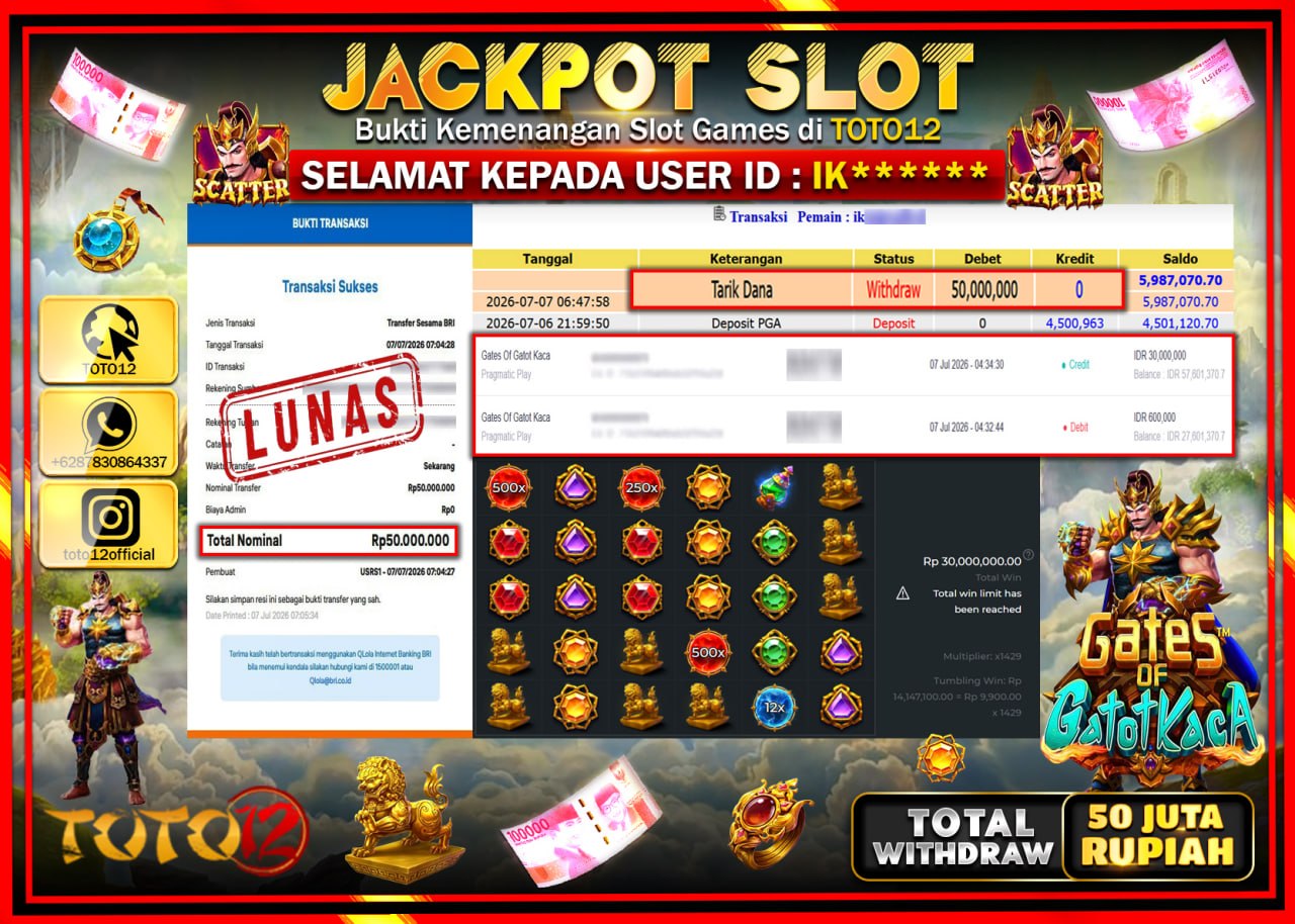 HANYA DI TOTO12 JP PASTI DI BAYAR LUNAS DAN CEPAT!!!!!! JACKPOT SLOT GAME (GATES OF GATOTKACA) Rp50.000.000!!!!
