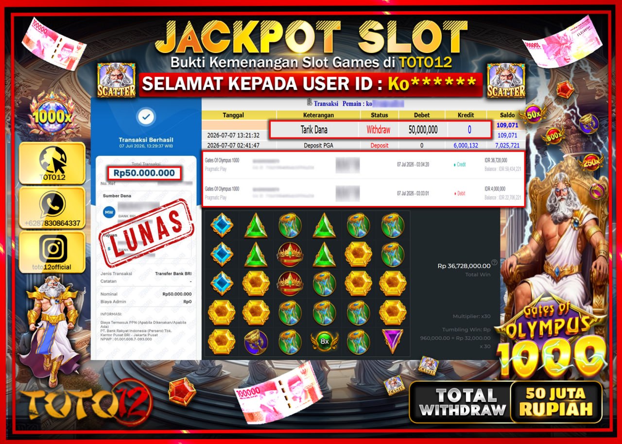 HANYA DI TOTO12 JP PASTI DI BAYAR LUNAS DAN CEPAT!!!!!! JACKPOT SLOT GAME (GATES OF OLYMPUS 1000) Rp50.000.000!!!!