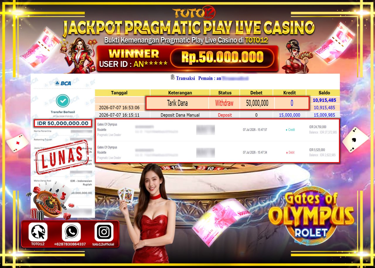HANYA DI TOTO12 JP PASTI DI BAYAR LUNAS DAN CEPAT!!!!!! JACKPOT PRAGMATIC PLAY LIVE GAME CASINO (GATES OF OLYMPUS ROULETTE) Rp50.000.000!!!!
