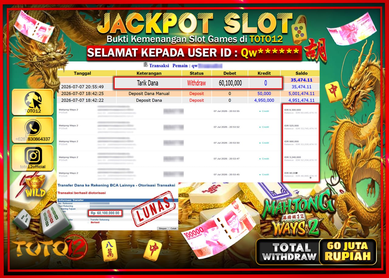 HANYA DI TOTO12 JP PASTI DI BAYAR LUNAS DAN CEPAT!!!!!! JACKPOT SLOT GAME (MAHJONG WINS 2) Rp60.100.000!!!!