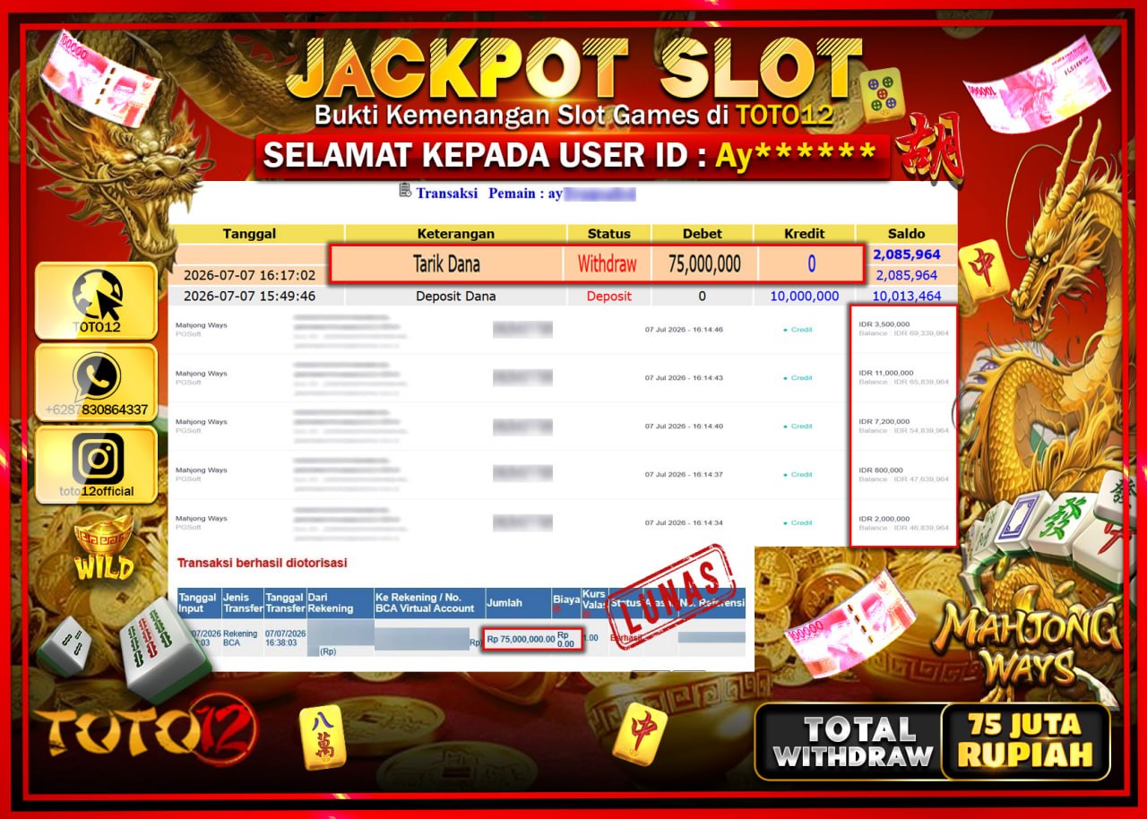 HANYA DI TOTO12 JP PASTI DI BAYAR LUNAS DAN CEPAT!!!!!! JACKPOT SLOT GAME (MAHJONG WAYS) Rp75.000.000!!!!