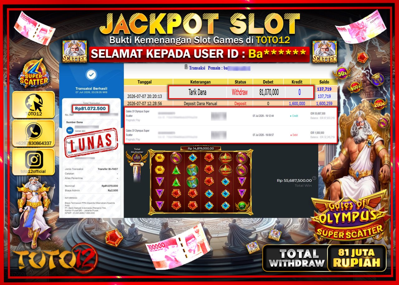 HANYA DI TOTO12 JP PASTI DI BAYAR LUNAS DAN CEPAT!!!!!! JACKPOT SLOT GAME (GATES OF OLYMPUS SUPER SCATTER) Rp81.070.000!!!!