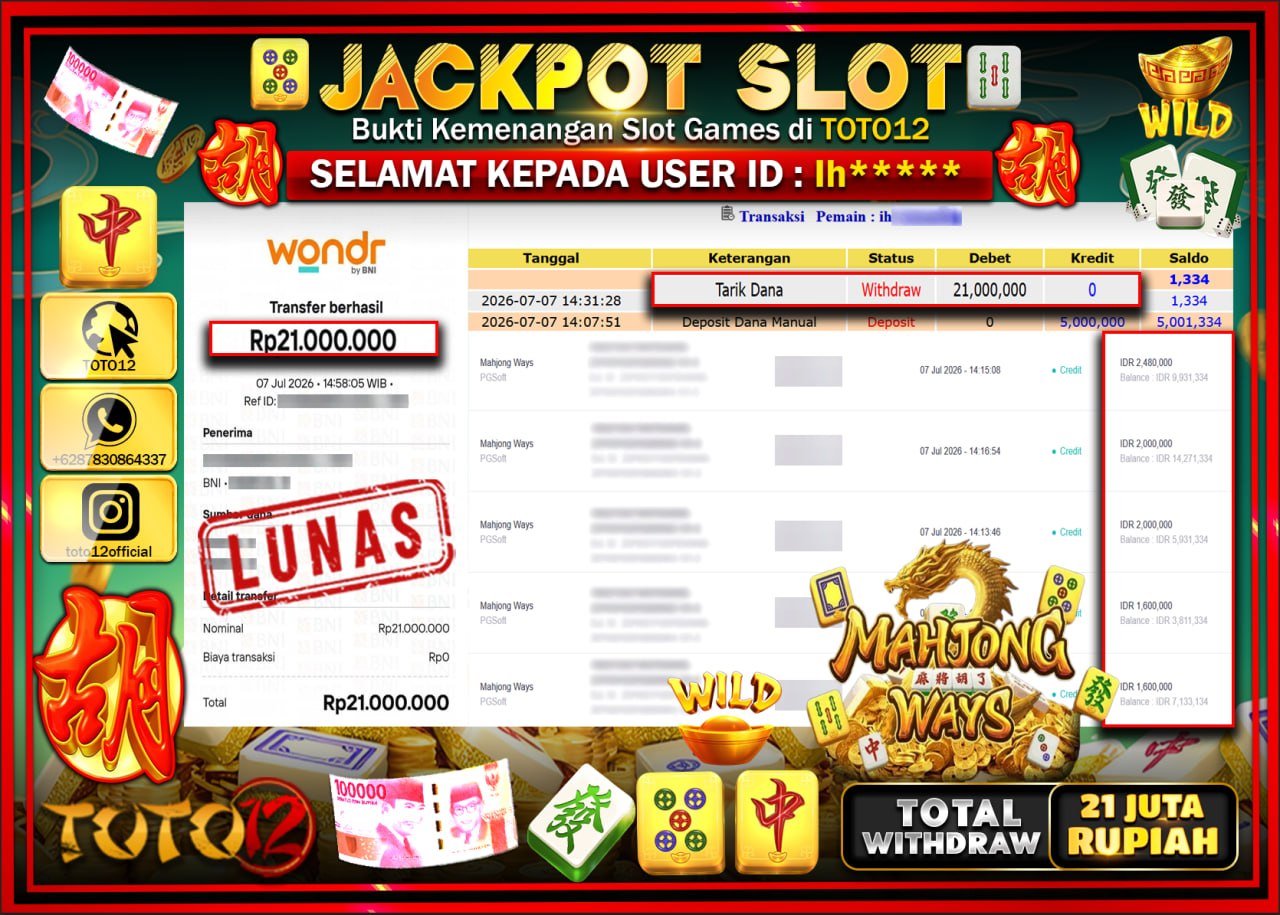 HANYA DI TOTO12 JP PASTI DI BAYAR LUNAS DAN CEPAT!!!!!! JACKPOT SLOT GAME (MAHJONG WAYS) Rp21.000.000!!!!