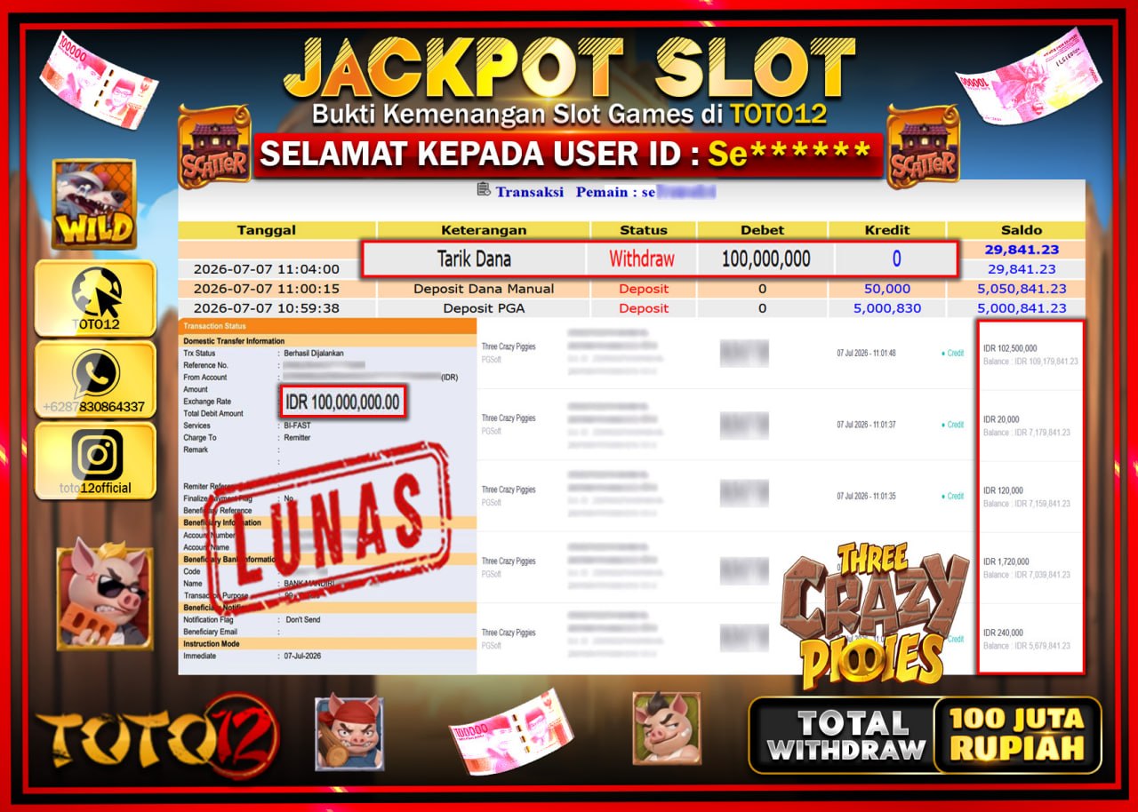 HANYA DI TOTO12 JP PASTI DI BAYAR LUNAS DAN CEPAT!!!!!! JACKPOT SLOT GAME (THE CRAZY PIGGIES ) Rp100.000.000!!!!