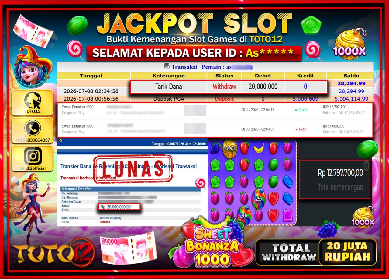 HANYA DI TOTO12 JP PASTI DI BAYAR LUNAS DAN CEPAT!!!!!! JACKPOT SLOT GAME (SWEET BONANZA 1000) Rp20.000.000!!!!