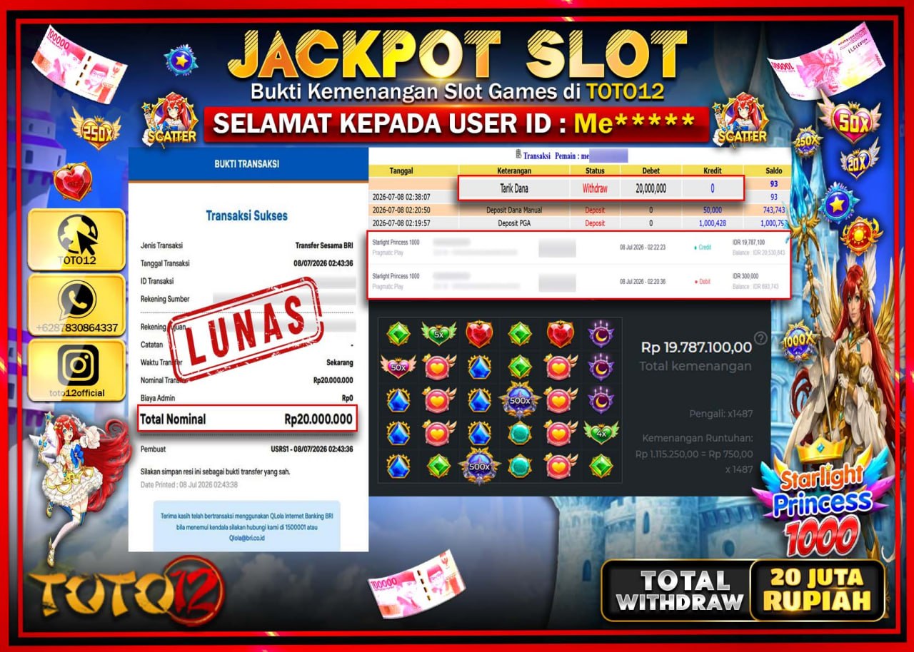 HANYA DI TOTO12 JP PASTI DI BAYAR LUNAS DAN CEPAT!!!!!! JACKPOT SLOT GAME (STARLIGHT PRINCESS 1000) Rp20.000.000!!!!