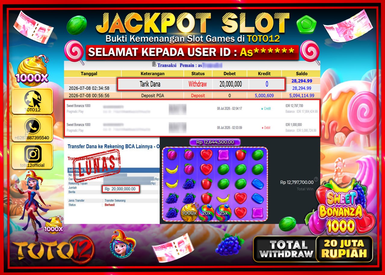 HANYA DI TOTO12 JP PASTI DI BAYAR LUNAS DAN CEPAT!!!!!! JACKPOT SLOT GAME (SWEET BONANZA 1000) Rp20.000.000!!!!
