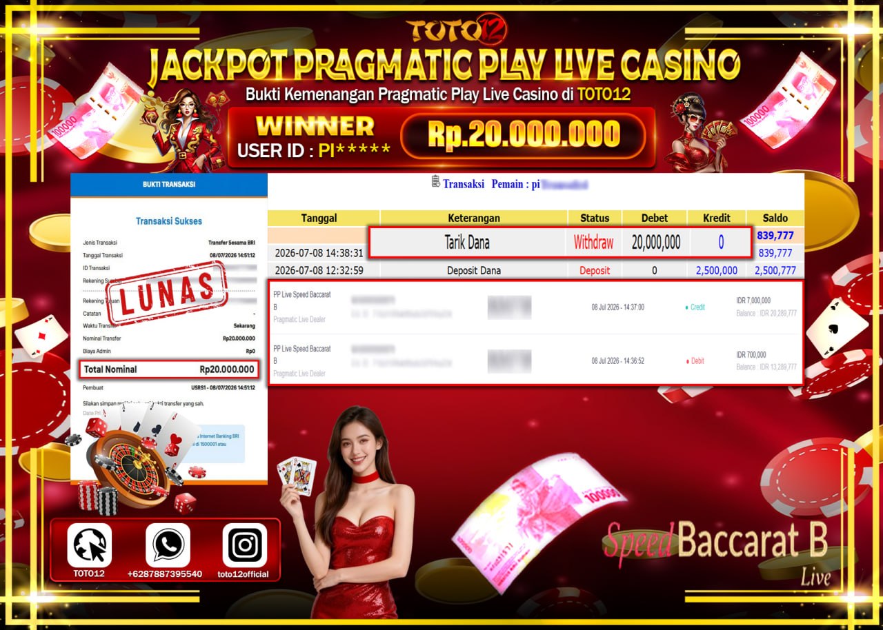 HANYA DI TOTO12 JP PASTI DI BAYAR LUNAS DAN CEPAT!!!!!! JACKPOT PRAGMATIC PLAY LIVE GAME CASINO (PP LIVE SPEED BACCARAT B) Rp20.000.000!!!!