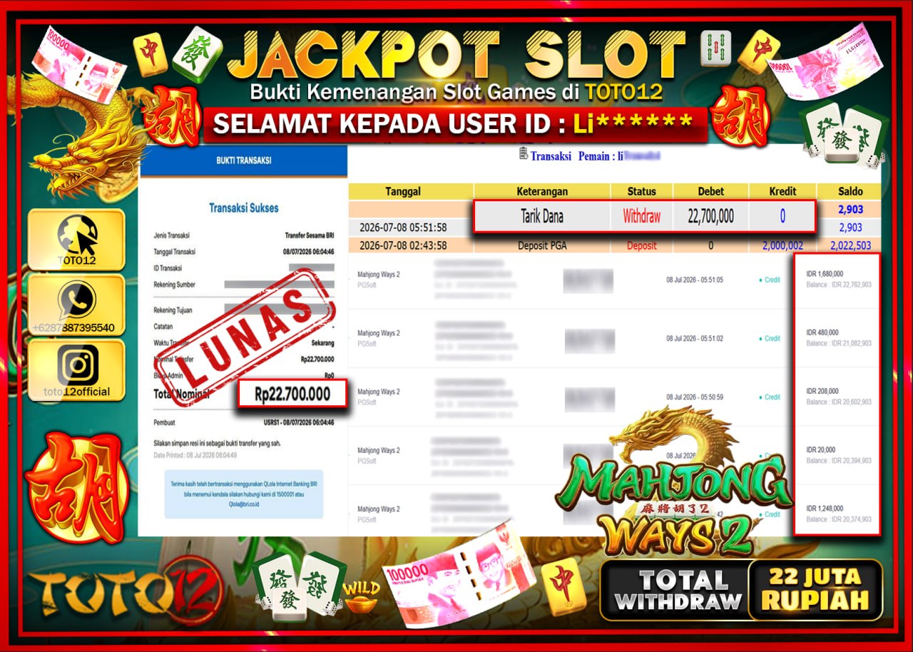 HANYA DI TOTO12 JP PASTI DI BAYAR LUNAS DAN CEPAT!!!!!! JACKPOT SLOT GAME (MAHJONG WAYS 2) Rp22.700.000!!!!