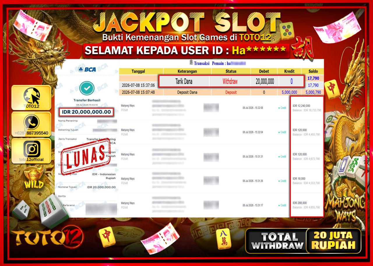 HANYA DI TOTO12 JP PASTI DI BAYAR LUNAS DAN CEPAT!!!!!! JACKPOT SLOT GAME (MAHJONG WAYS) Rp20.000.000!!!!