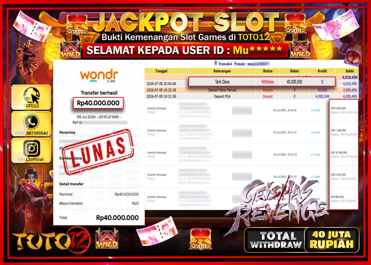 HANYA DI TOTO12 JP PASTI DI BAYAR LUNAS DAN CEPAT!!!!!! JACKPOT SLOT GAME (GEISHAS REVENGE) Rp40.000.000!!!!