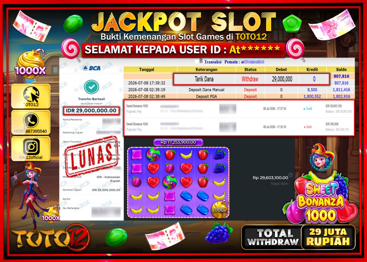 HANYA DI TOTO12 JP PASTI DI BAYAR LUNAS DAN CEPAT!!!!!! JACKPOT SLOT GAME (SWEET BONANZA 1000) Rp29.000.000!!!!