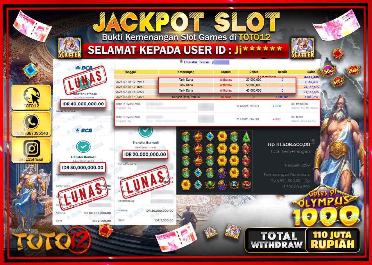 HANYA DI TOTO12 JP PASTI DI BAYAR LUNAS DAN CEPAT!!!!!! JACKPOT SLOT GAME (GATES OF OLYMPUS 1000) Rp110.000.000!!!!