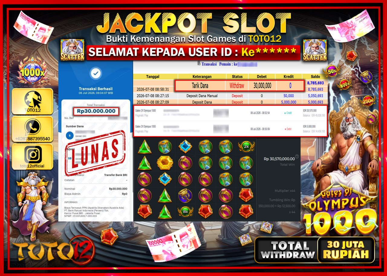 HANYA DI TOTO12 JP PASTI DI BAYAR LUNAS DAN CEPAT!!!!!! JACKPOT SLOT GAME (GATES OF OLYMPUS 1000) Rp30.000.000!!!!