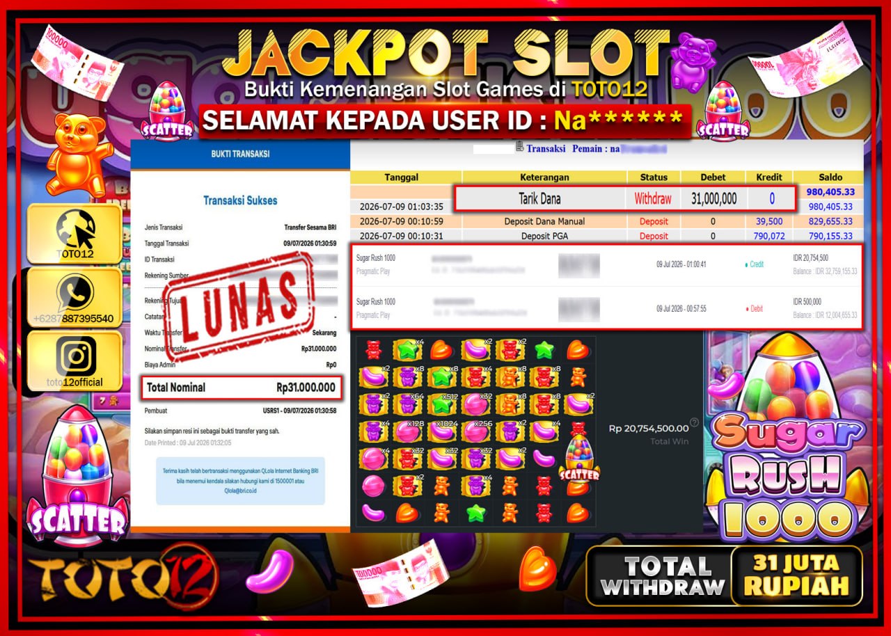 HANYA DI TOTO12 JP PASTI DI BAYAR LUNAS DAN CEPAT!!!!!! JACKPOT SLOT GAME (SUGAR RUSH 1000) Rp31.000.000!!!!