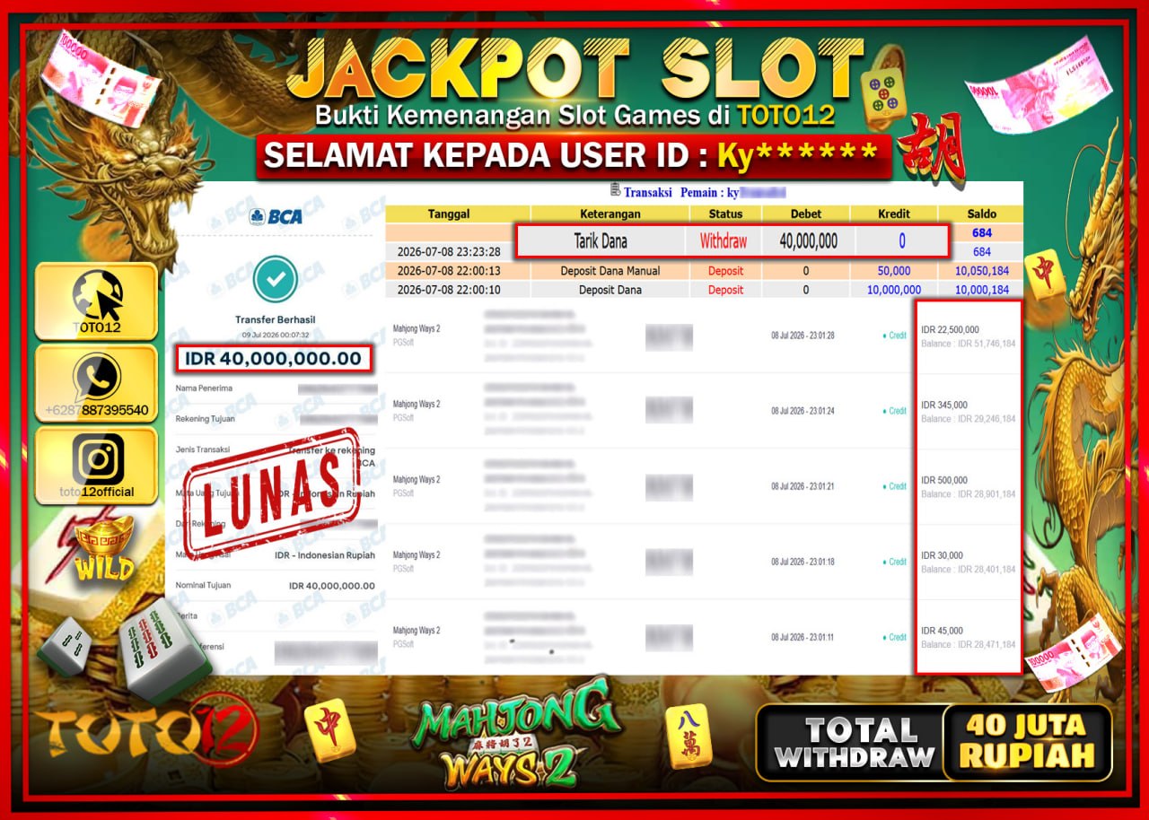 HANYA DI TOTO12 JP PASTI DI BAYAR LUNAS DAN CEPAT!!!!!! JACKPOT SLOT GAME (MAHJONG WAYS 2) Rp40.000.000!!!!