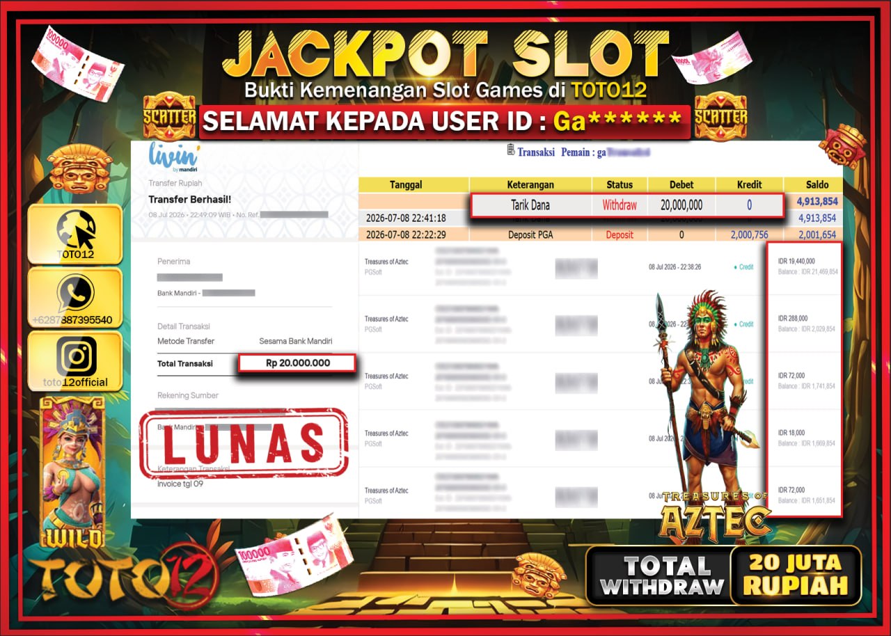 HANYA DI TOTO12 JP PASTI DI BAYAR LUNAS DAN CEPAT!!!!!! JACKPOT SLOT GAME (TREASURES OF AZTEC) Rp20.000.000!!!!