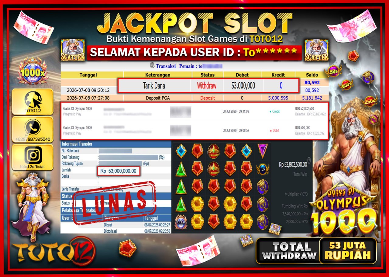 HANYA DI TOTO12 JP PASTI DI BAYAR LUNAS DAN CEPAT!!!!!! JACKPOT SLOT GAME (GATES OF OLYMPUS 1000) Rp53.000.000!!!!