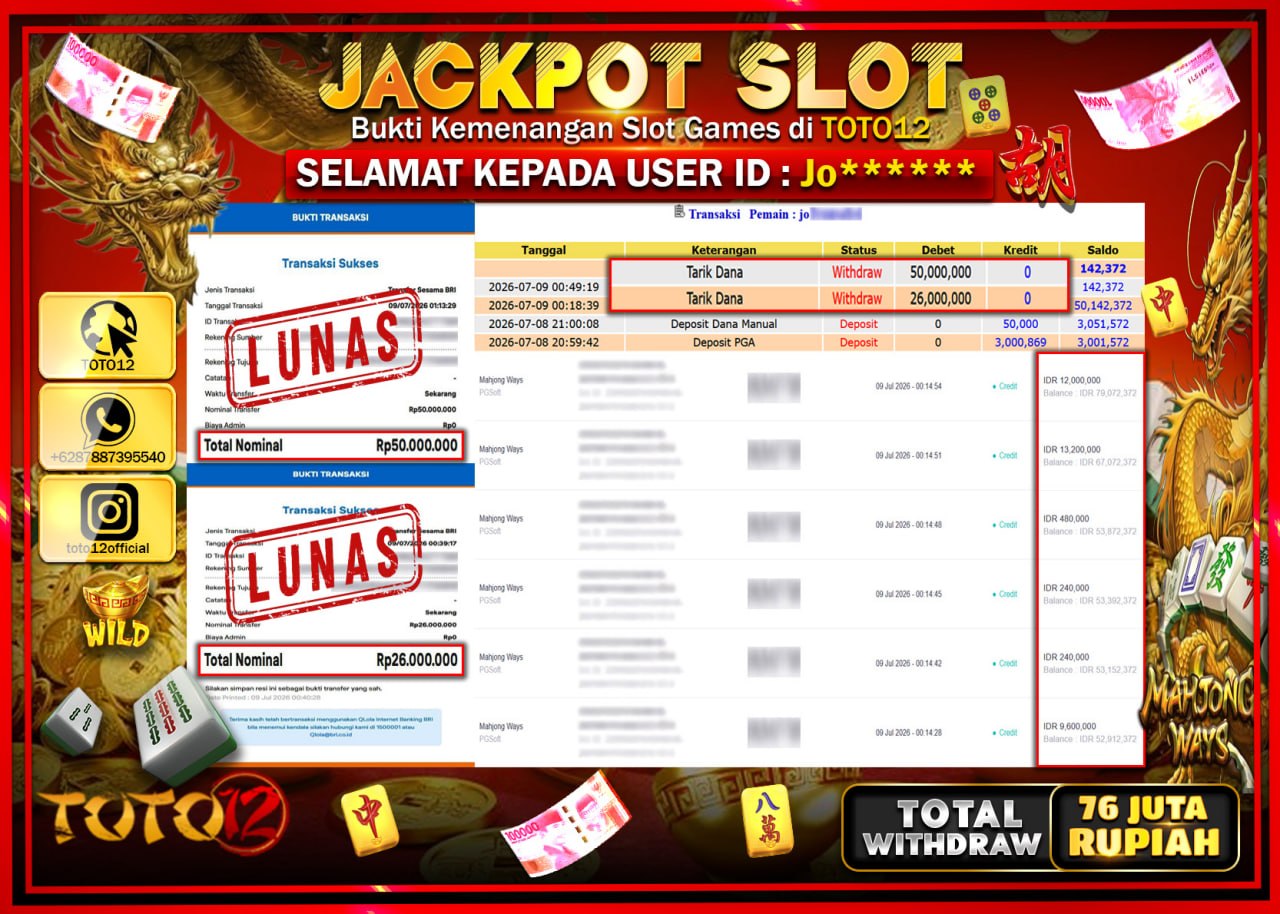 HANYA DI TOTO12 JP PASTI DI BAYAR LUNAS DAN CEPAT!!!!!! JACKPOT SLOT GAME (MAHJONG WAYS) Rp76.000.000!!!!