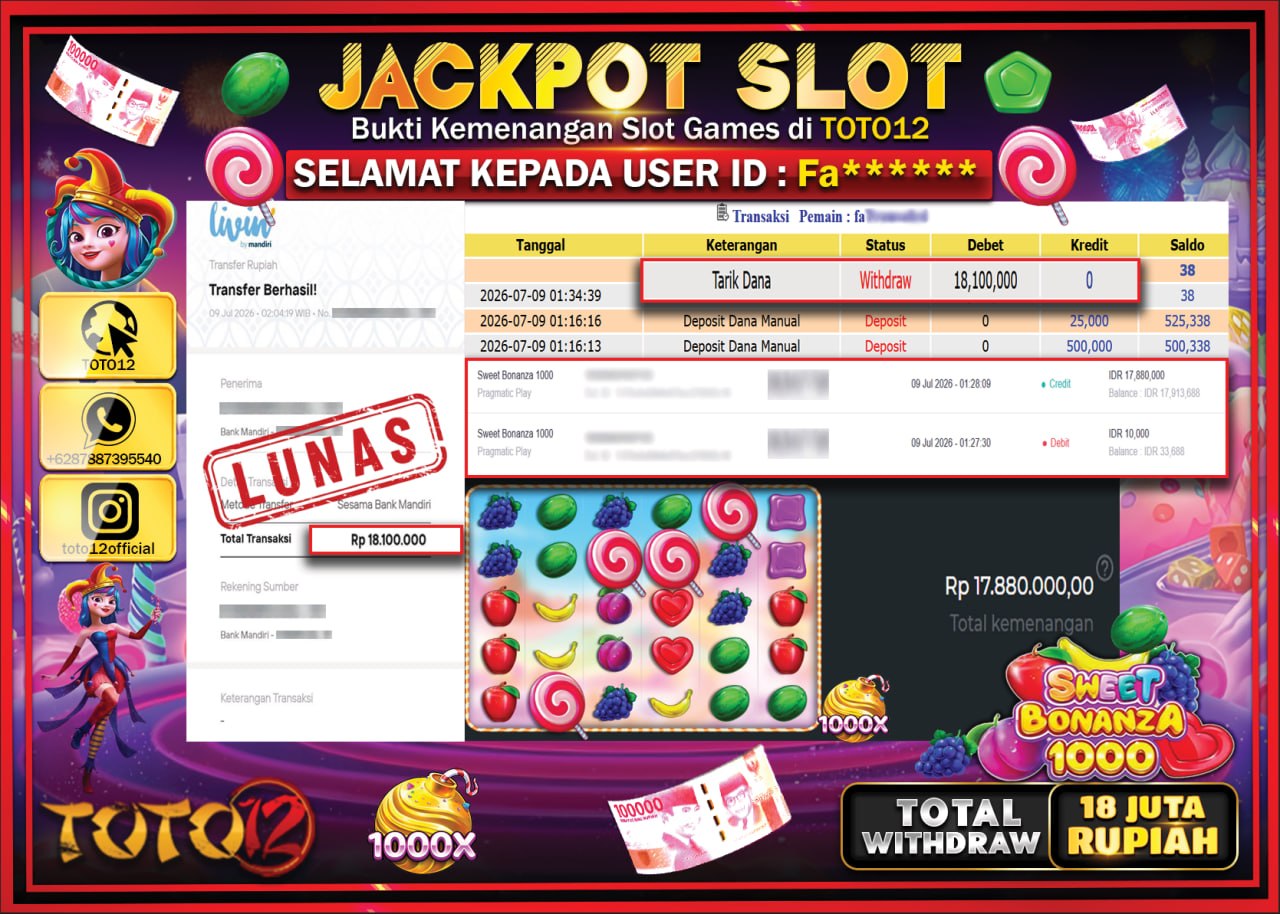 HANYA DI TOTO12 JP PASTI DI BAYAR LUNAS DAN CEPAT!!!!!! JACKPOT SLOT GAME (SWEET BONANZA 1000) Rp18.100.000!!!!