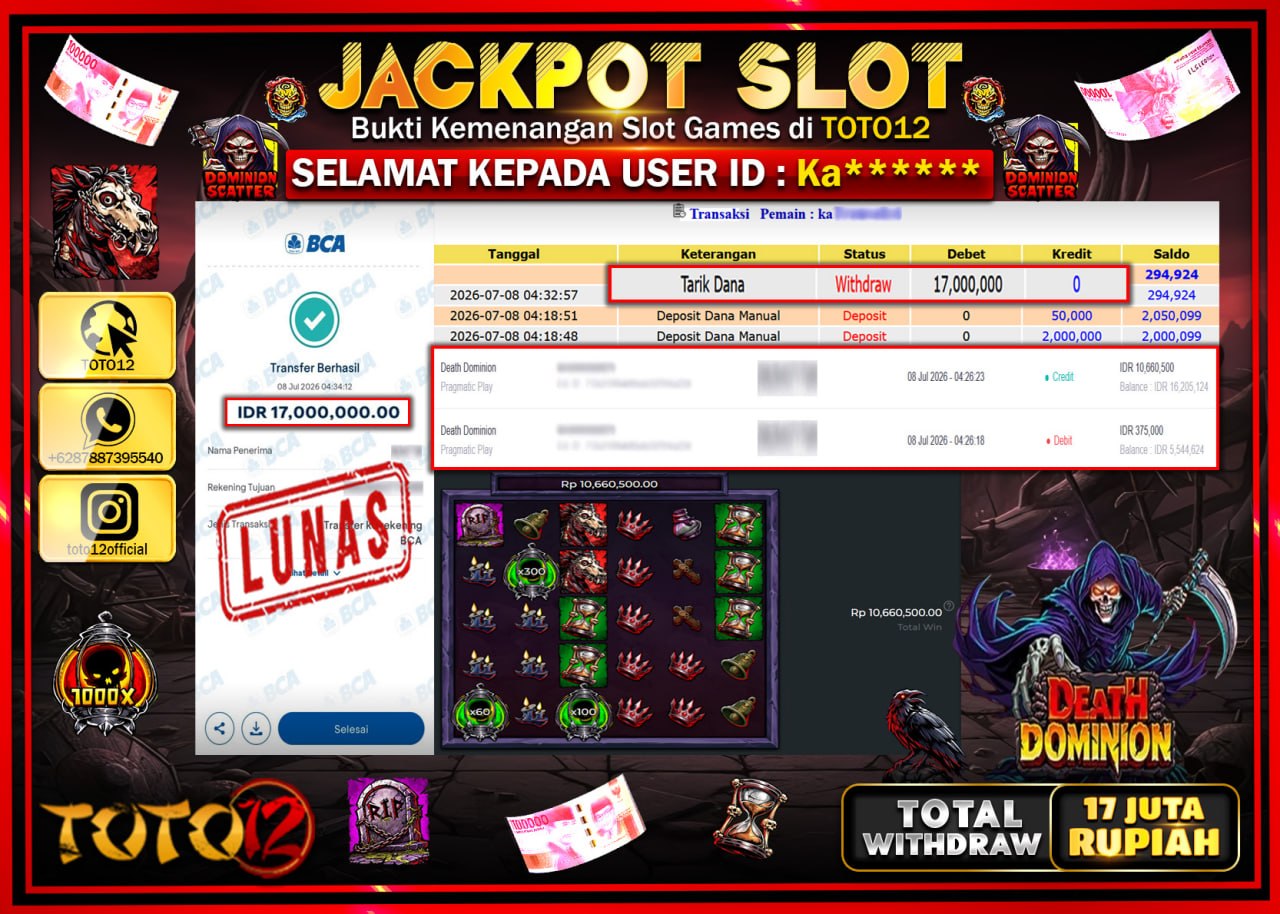 HANYA DI TOTO12 JP PASTI DI BAYAR LUNAS DAN CEPAT!!!!!! JACKPOT SLOT GAME (DEAT DOMINION) Rp17.000.000!!!!