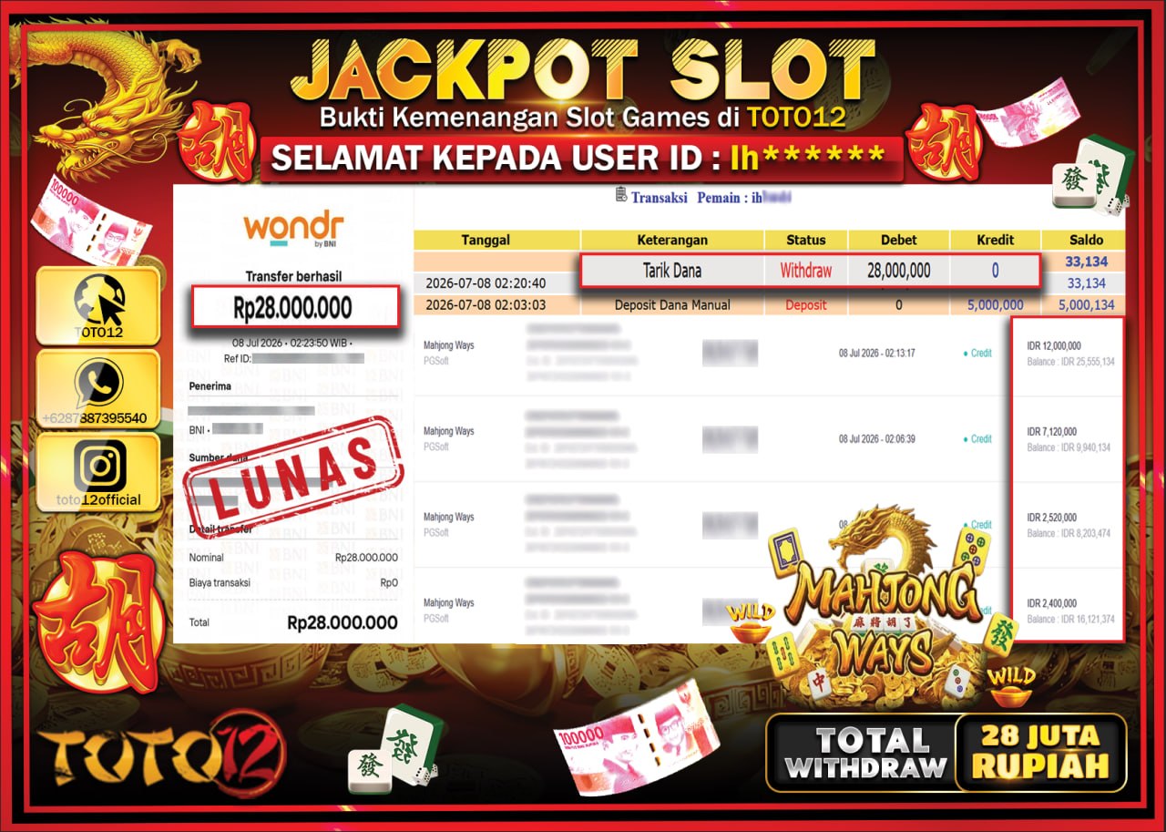 HANYA DI TOTO12 JP PASTI DI BAYAR LUNAS DAN CEPAT!!!!!! JACKPOT SLOT GAME (MAHJONG WAYS) Rp28.000.000!!!!